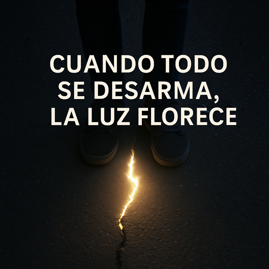 Imagen de una grieta en el suelo oscuro de la que emerge luz, con pies humanos al borde. Simboliza ruptura, renacimiento y transformación interior.