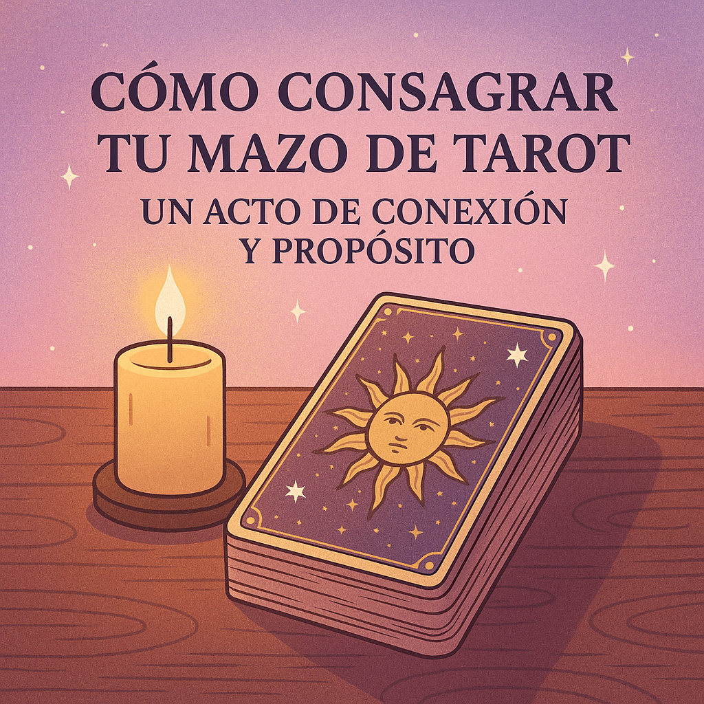 "Imagen con mazo de tarot, vela y símbolos espirituales representando el acto de consagrar las cartas del tarot con una intención clara y conexión espiritual."