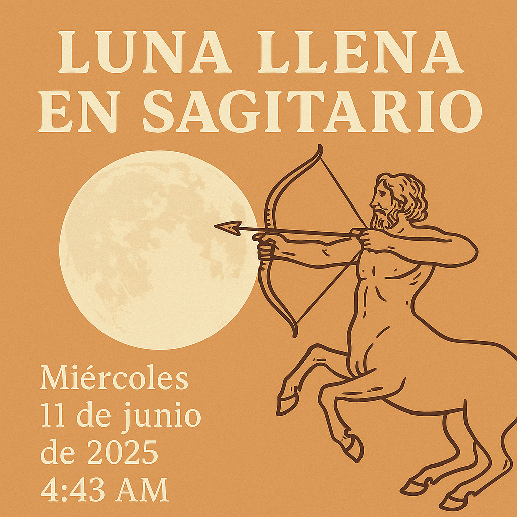 Ilustración de la Luna Llena en Sagitario con un centauro arquero apuntando hacia la luna, acompañada del texto “Miércoles 11 de junio de 2025 – 4:43 AM (hora de Argentina)”.
