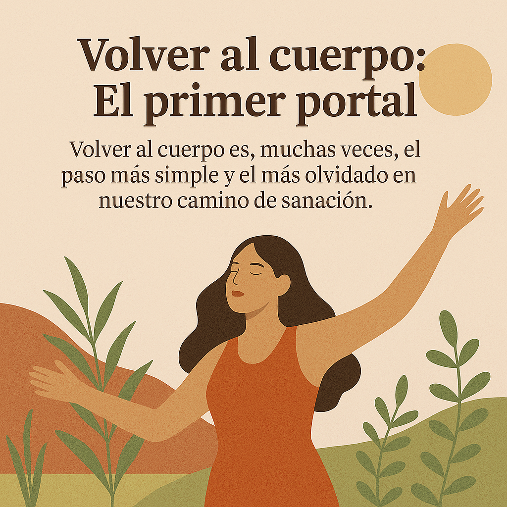 Mujer conectando con la naturaleza, brazos abiertos, símbolo de volver al cuerpo con conciencia y amor