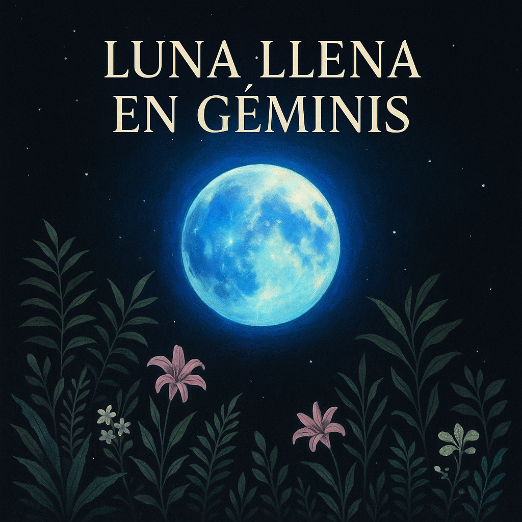 “Ilustración de una Luna Llena en Géminis brillando en el cielo nocturno, rodeada de plantas y flores, simbolizando claridad mental y revelaciones espirituales.”