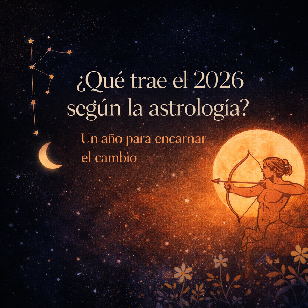 Ilustración astrológica oscura con símbolos celestes y un guerrero espiritual que representa los tránsitos del 2026 y el inicio de un nuevo ciclo de acción consciente.