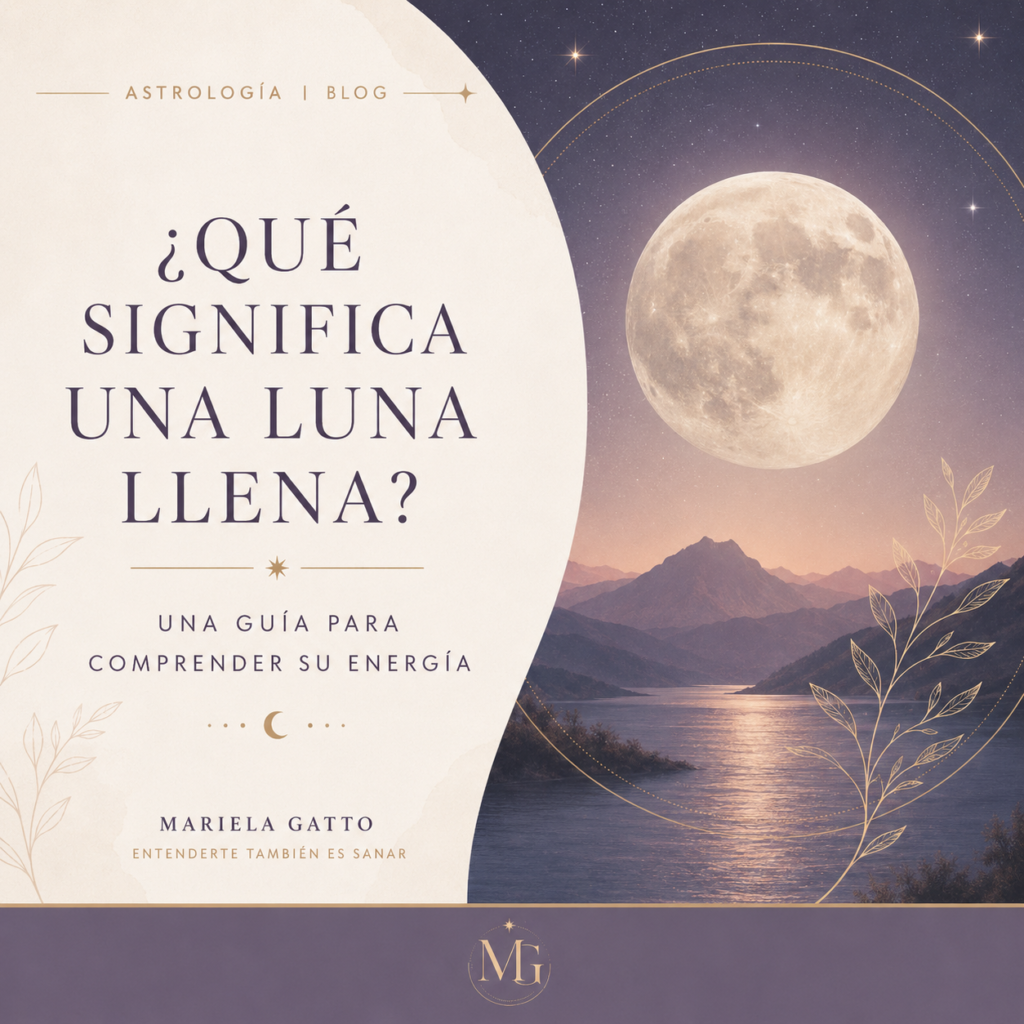 Ilustración de una Luna llena sobre un paisaje nocturno para una guía de astrología de Mariela Gatto.