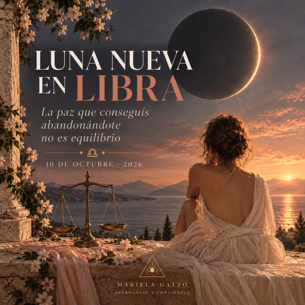 ALT) Luna Nueva en Libra 2026: mujer junto a una balanza bajo la Luna, símbolo del equilibrio y los vínculos.