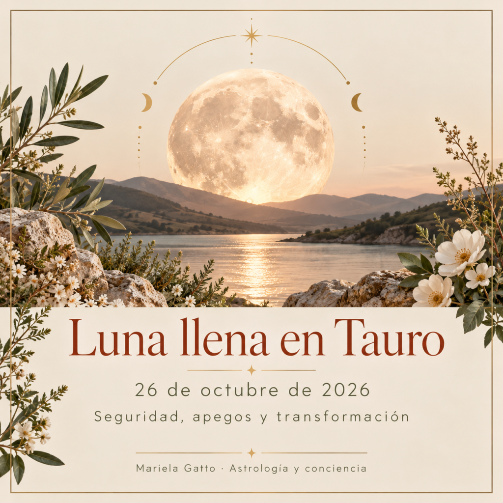 Luna llena en Tauro del 26 de octubre de 2026 sobre un paisaje natural, con flores, montañas y detalles dorados.